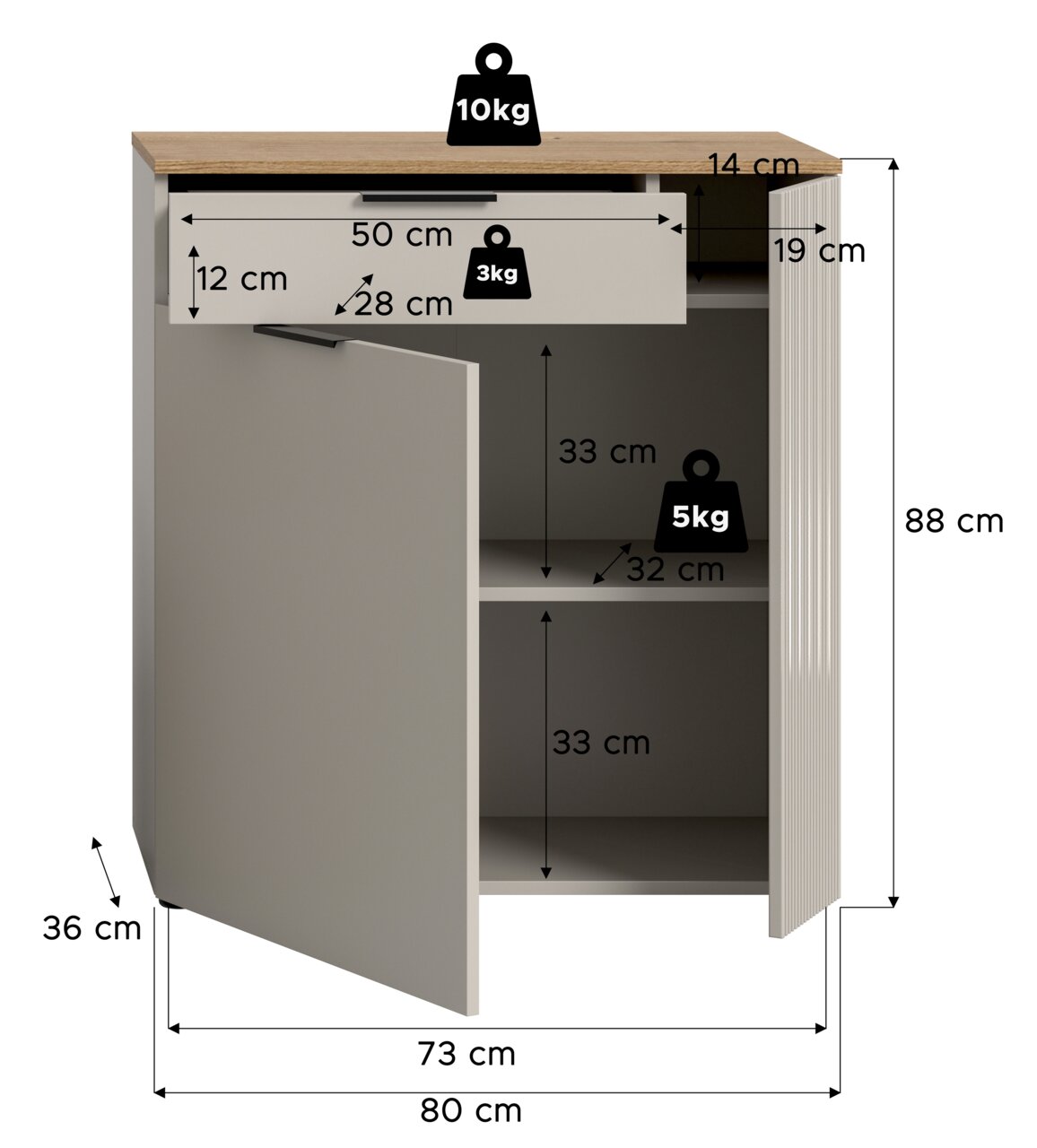 Kommode mit einer Schublade und zwei Türen, Maße: 80 cm Breite, 88 cm Höhe, 36 cm Tiefe. Belastbarkeit: 10 kg oben, 3 kg in der Schublade, 5 kg pro Fach. Perspektive: Frontalansicht.