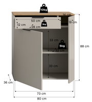 Kommode mit einer Schublade und zwei Türen, Maße: 80 cm Breite, 88 cm Höhe, 36 cm Tiefe. Belastbarkeit: 10 kg oben, 3 kg in der Schublade, 5 kg pro Fach. Perspektive: Frontalansicht.