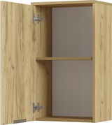 Hängeschrank aus Holz mit geöffneter Tür, Innenansicht mit einem Regalbrett, Perspektive von vorne