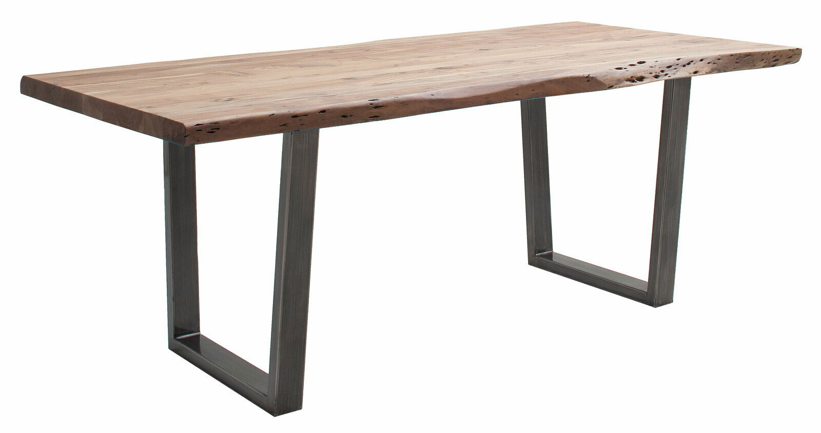 Moderner Esstisch aus Holz mit natürlicher Kante und Metallbeinen, seitliche Perspektive