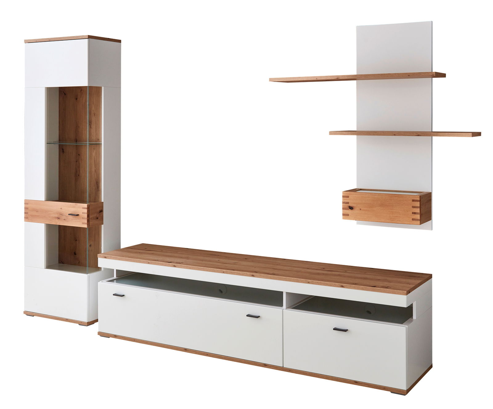 Moderne Wandkombination in Weiß und Holzoptik, bestehend aus einem hohen Schrank mit Glaselementen, einem niedrigen TV-Board und einem Wandregal mit zwei Ablagen und einer Schublade. Frontalansicht.