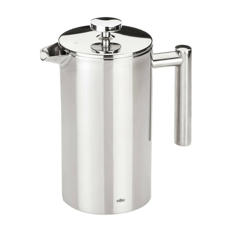 Silberner Kaffeebereiter aus Edelstahl mit seitlichem Griff und Deckel, seitliche Perspektive