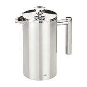 Silberner Kaffeebereiter aus Edelstahl mit seitlichem Griff und Deckel, seitliche Perspektive