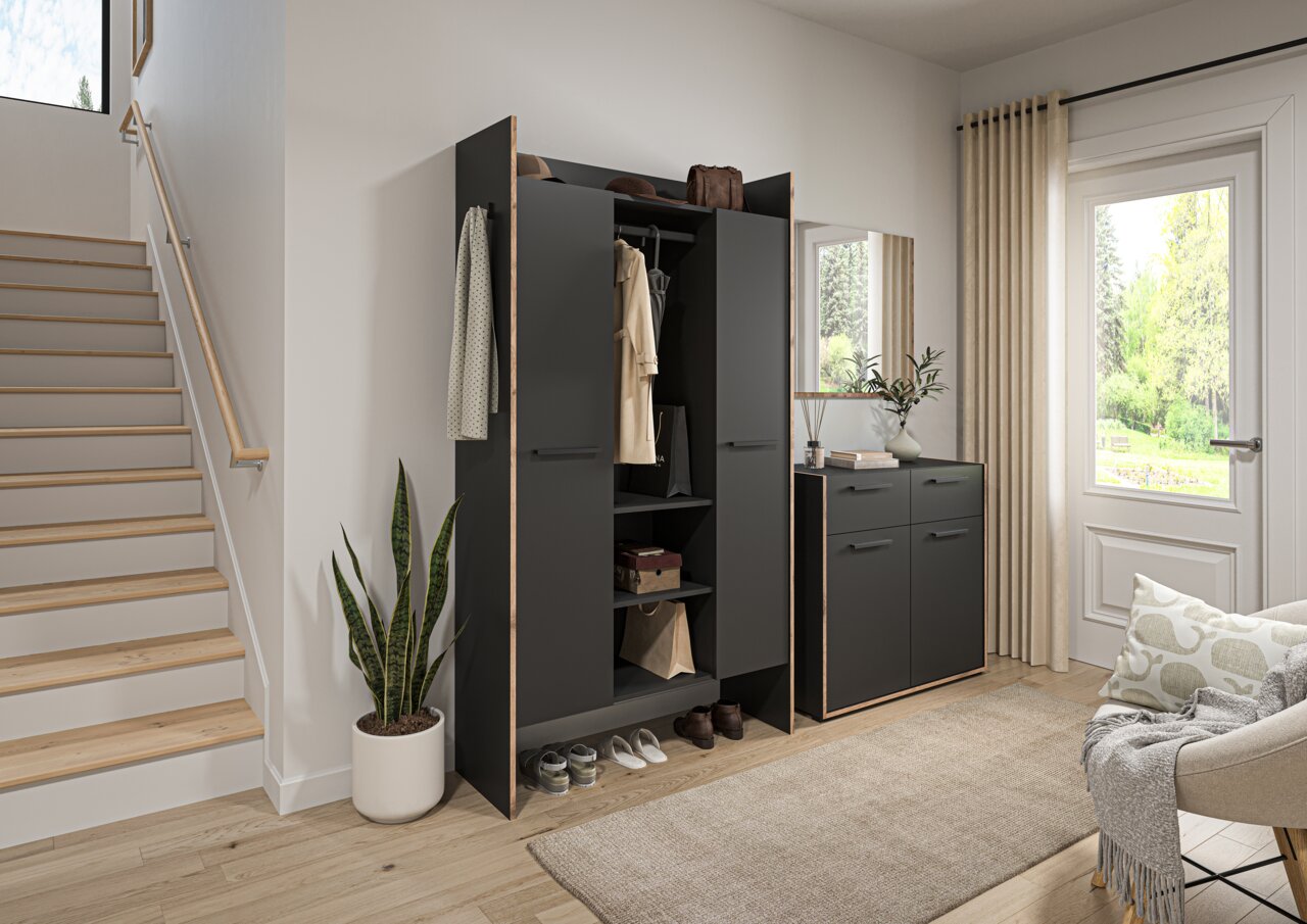 MID.YOU Garderobenschrank BUENO Moderner Garderobenschrank in Anthrazit mit Holzoptik-Kanten, Türen geöffnet mit Kleiderstange, Ablagen und Schuhfach, daneben passendes Sideboard mit Spiegel im hellen Flur – Perspektive: frontale leicht seitliche Ansicht