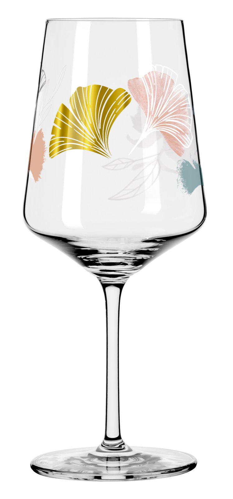 Transparant wijnglas op steel met ginkgo-bladdecoratie in goud en pastelkleuren, frontale productfoto op witte achtergrond