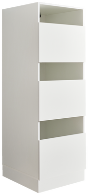 Weißer Wäscheschrank der Serie WASCHPUNKT von XORA mit drei offenen Schubladen, seitliche Perspektive