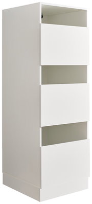 Weißer Wäscheschrank der Serie WASCHPUNKT von XORA mit drei offenen Schubladen, seitliche Perspektive