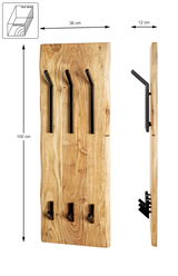 Wandgarderobe aus Massivholz mit schwarzen Haken, Vorder- und Seitenansicht