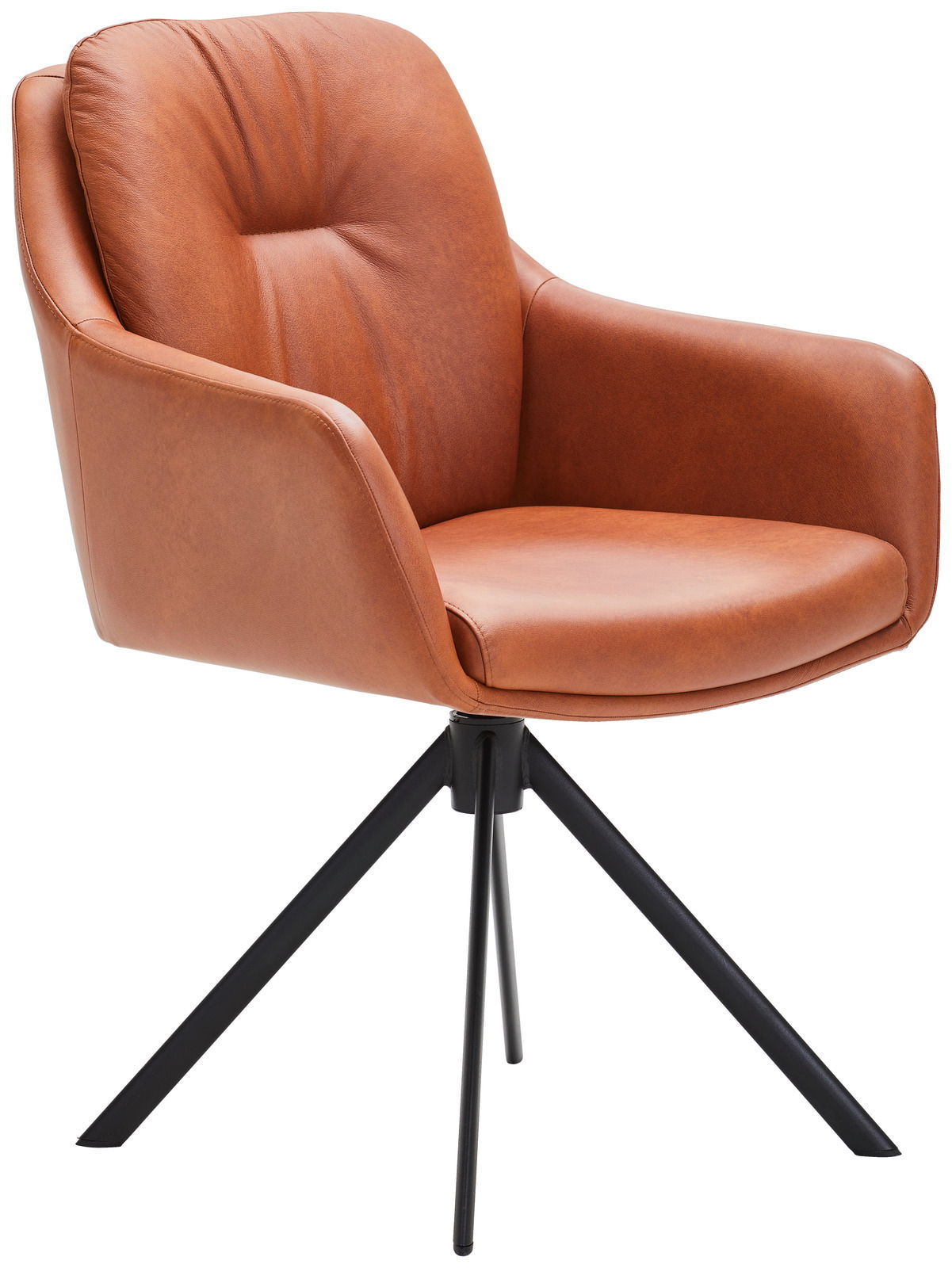 Waldwelt Armlehnstuhl ARUBA Moderner Armlehnstuhl aus braunem Leder mit schwarzem Metallgestell, seitliche Perspektive