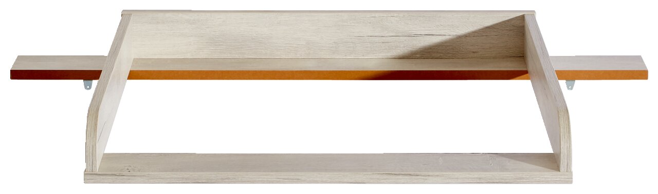 Wandregal aus Holz in heller Farbe, frontal betrachtet, mit einer zusätzlichen Ablagefläche darunter.