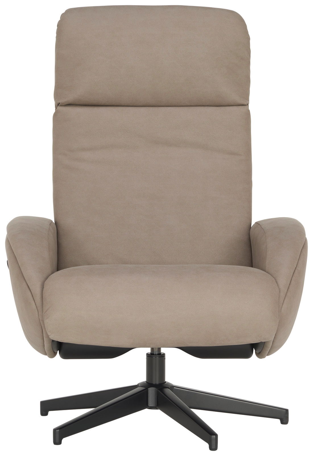 Frontansicht eines beigen Relaxsessels mit schwarzem Drehfuß