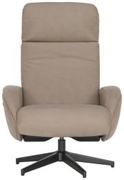 Frontansicht eines beigen Relaxsessels mit schwarzem Drehfuß