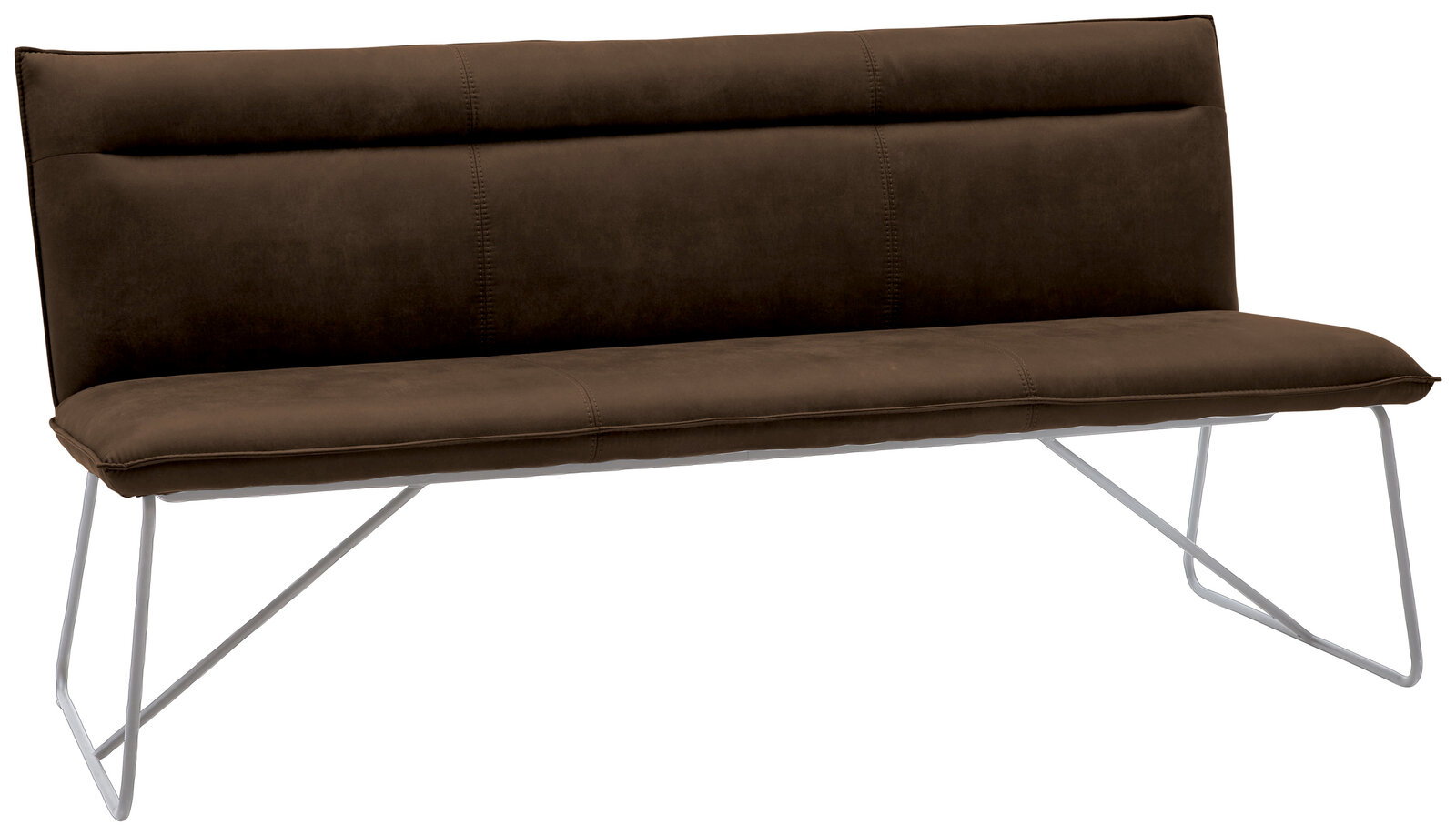 Braune Bank mit modernem Design und Metallbeinen, seitliche Perspektive