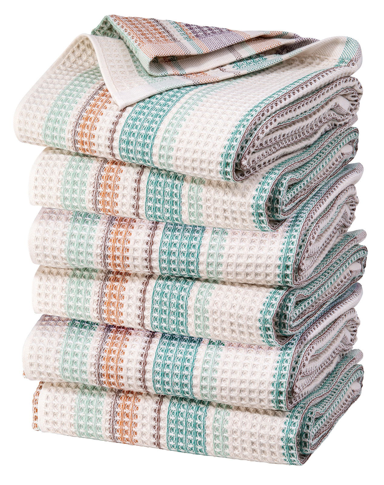 Gestapelte Hamamtücher mit bunten Streifen in Seitenansicht