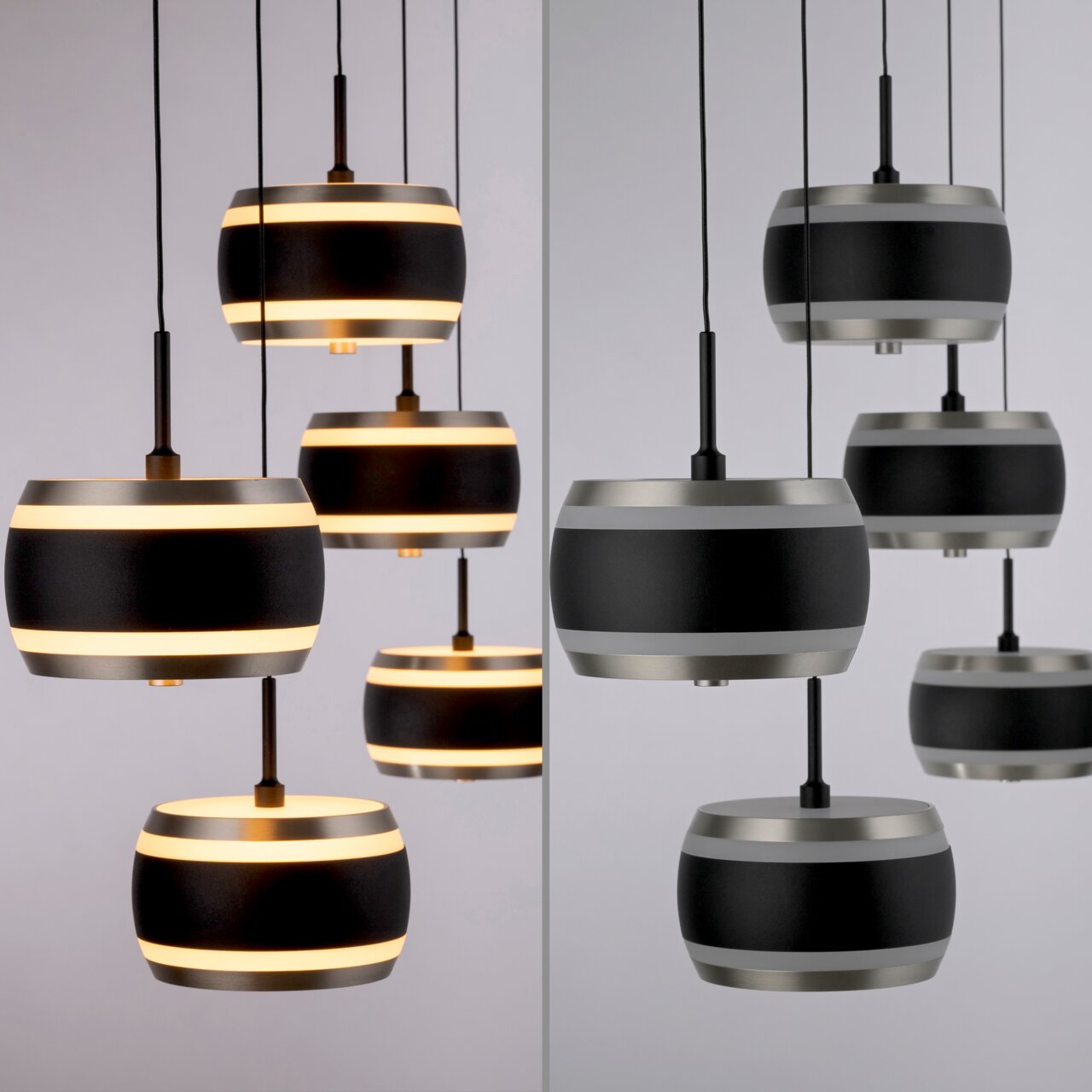 Moderne LED-Pendelleuchte in Schwarz und Silber mit mehreren zylindrischen Lampenschirmen, seitliche Perspektive