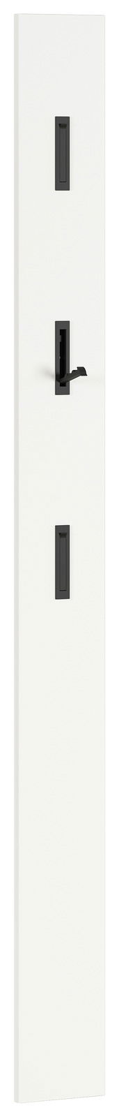 Weißes Garderobenpaneel mit drei schwarzen Haken, frontale Ansicht