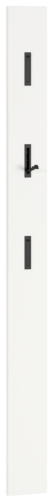 Weißes Garderobenpaneel mit drei schwarzen Haken, frontale Ansicht