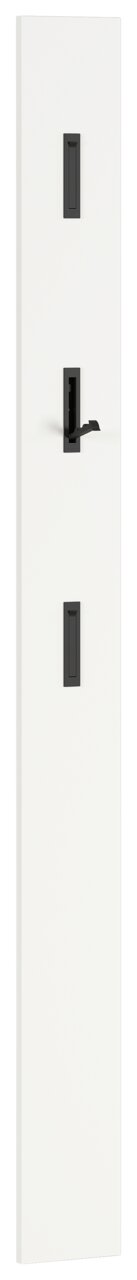 Weißes Garderobenpaneel mit drei schwarzen Haken, frontale Ansicht