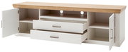 TV-Lowboard in Weiß mit naturfarbener Holzplatte, zwei Schubladen und zwei offenen Fächern, beide Seitentüren geöffnet; Ansicht schräg von vorn