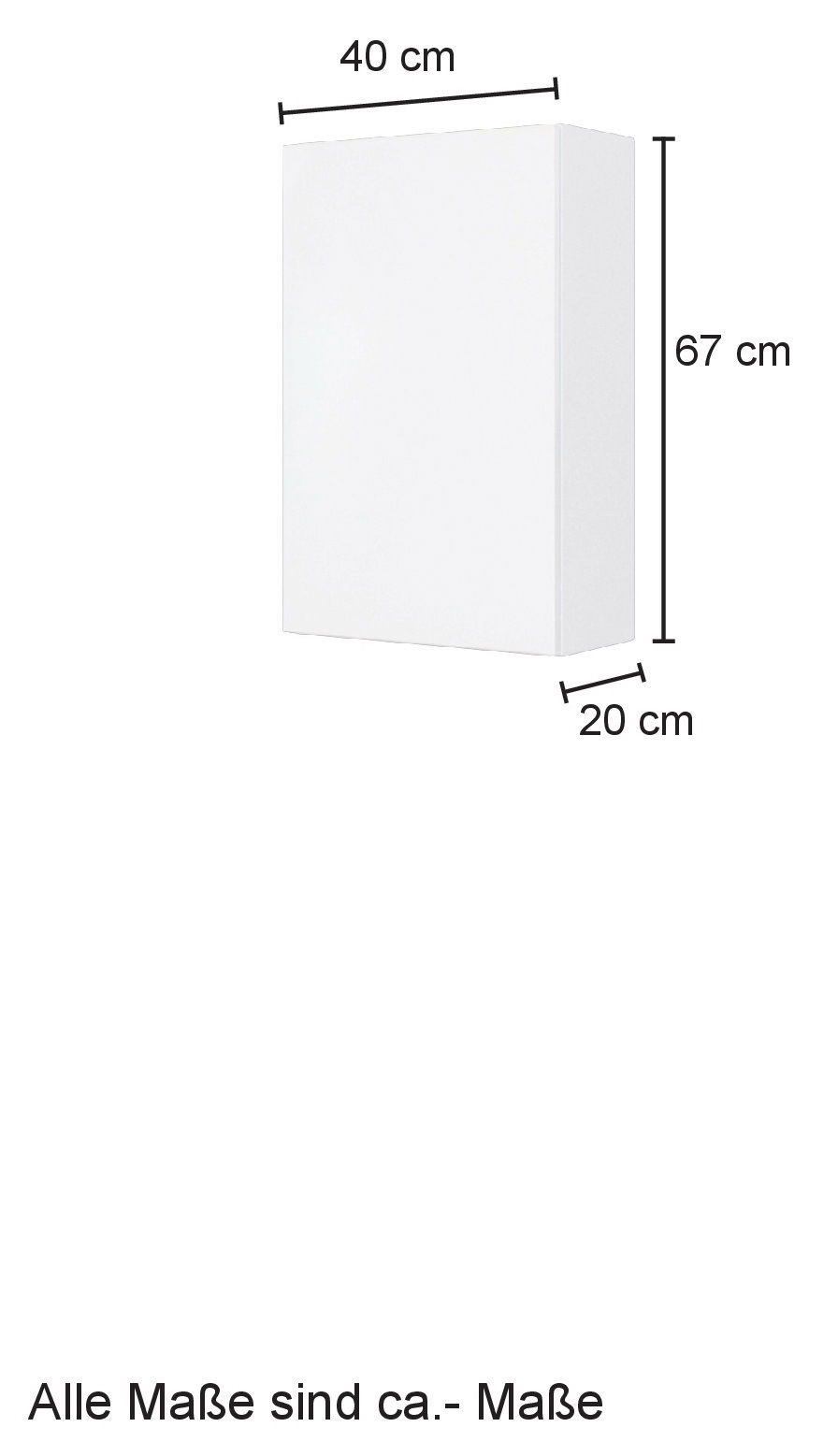 Weißer Hängeschrank mit den Maßen 40 cm Breite, 67 cm Höhe und 20 cm Tiefe, seitliche Perspektive