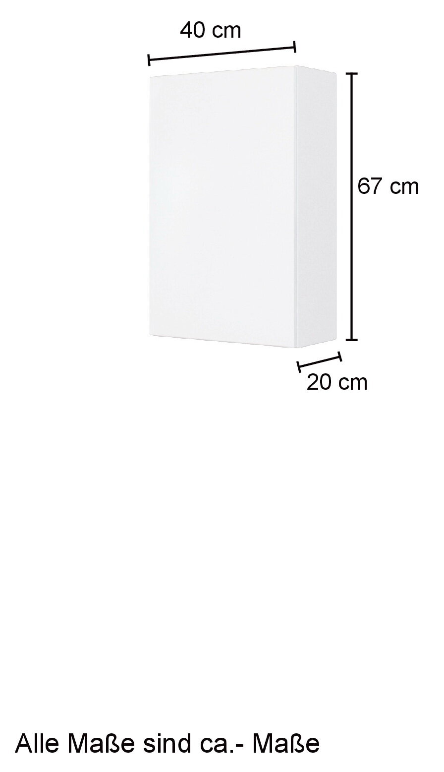 Weißer Hängeschrank mit den Maßen 40 cm Breite, 67 cm Höhe und 20 cm Tiefe, seitliche Perspektive