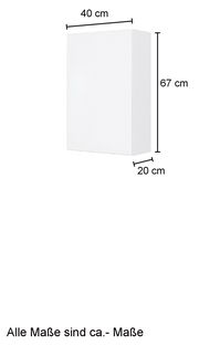 Weißer Hängeschrank mit den Maßen 40 cm Breite, 67 cm Höhe und 20 cm Tiefe, seitliche Perspektive