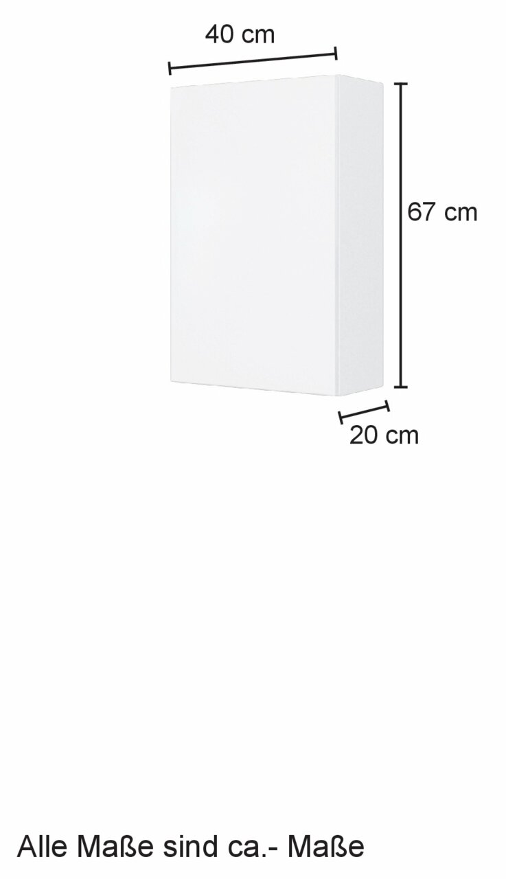 Weißer Hängeschrank mit den Maßen 40 cm Breite, 67 cm Höhe und 20 cm Tiefe, seitliche Perspektive