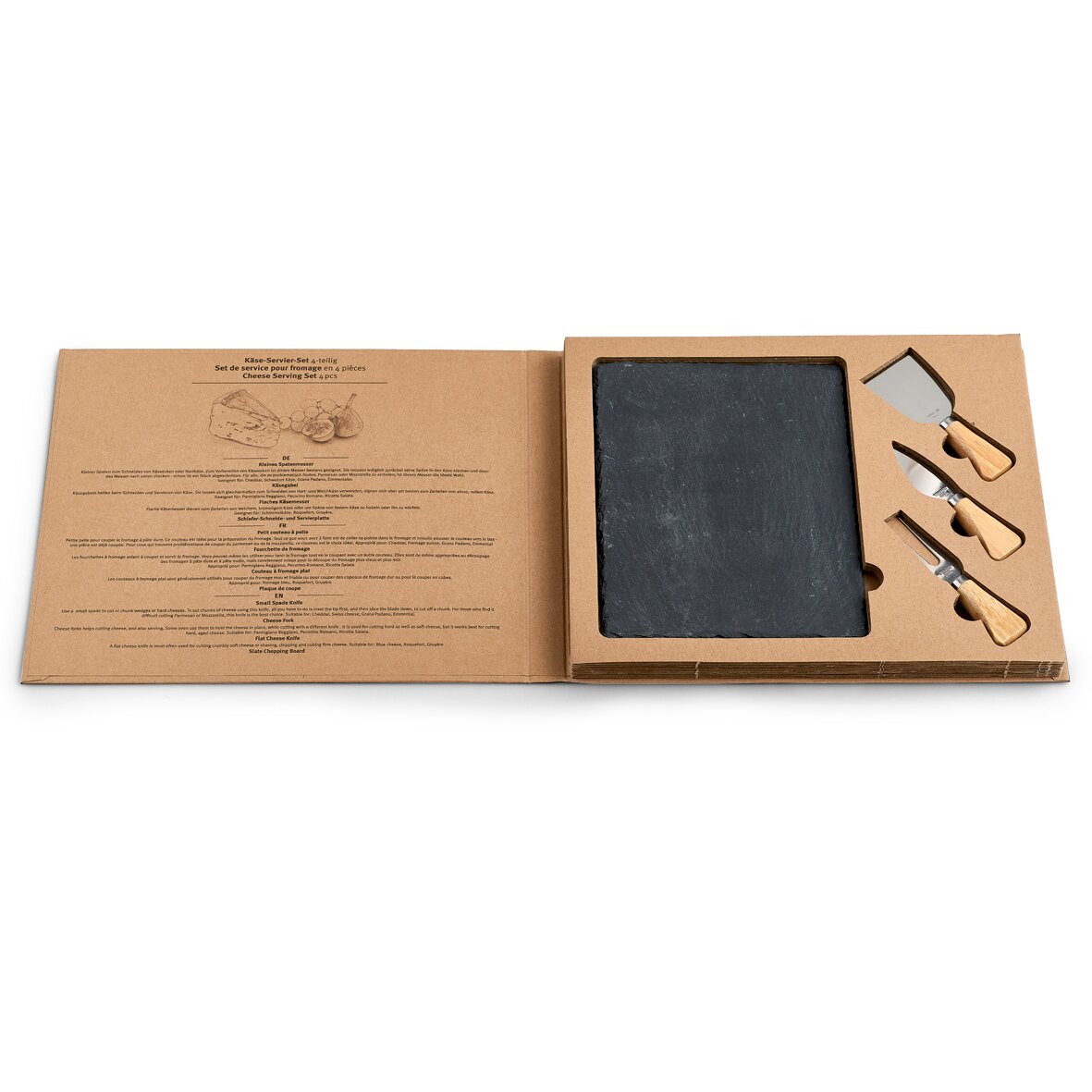 Käse-Servier-Set 4-tlg. in geöffneter Verpackung mit Schieferplatte und drei Käsemessern mit Holzgriffen, von oben betrachtet.