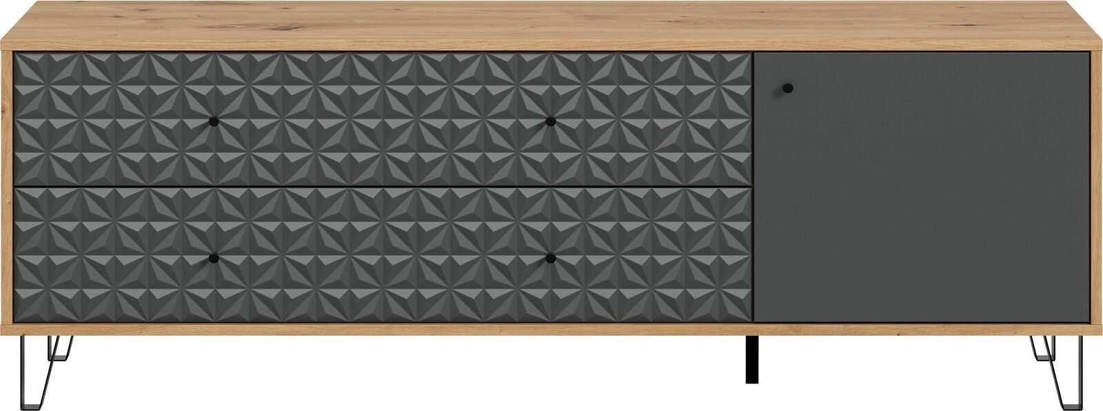 Modernes Sideboard aus Holz mit anthrazitfarbenen Fronten in 3D-Geometriemuster, zwei Schubladen und einer Tür auf Metallfüßen, Frontansicht.