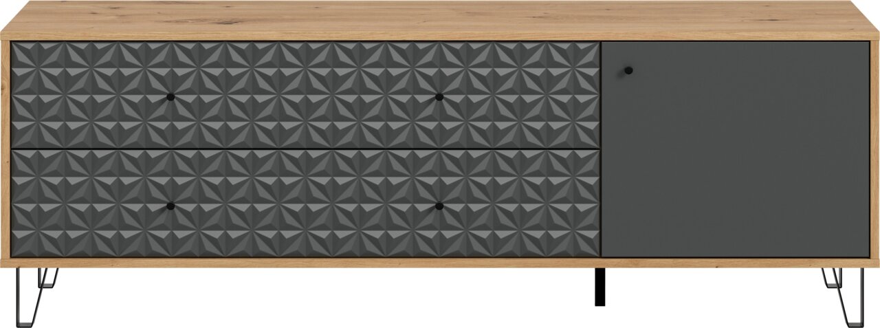 Modernes Sideboard aus Holz mit anthrazitfarbenen Fronten in 3D-Geometriemuster, zwei Schubladen und einer Tür auf Metallfüßen, Frontansicht.