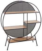 Rundes Regal mit schwarzem Metallrahmen und Holzböden, seitliche Perspektive