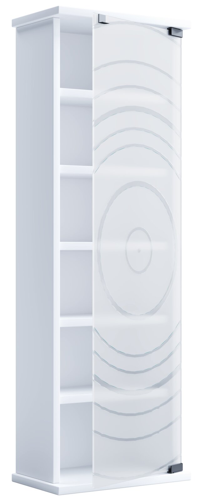 Weißer, hoher Schrank mit seitlichem Regal und teilgeöffneter, transparenter Glas-Schiebetür mit kreisförmigem Muster, freigestellt auf weißem Hintergrund, Ansicht schräg von vorne.