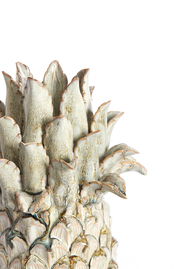 Nahaufnahme eines kunstvoll gestalteten Ornaments in Form einer Ananas mit detaillierter Textur und natürlicher Farbgebung, seitliche Perspektive.