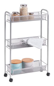 Rollwagen mit drei Regalen, gefüllt mit Vorratsgläsern und Dosen, seitliche Perspektive