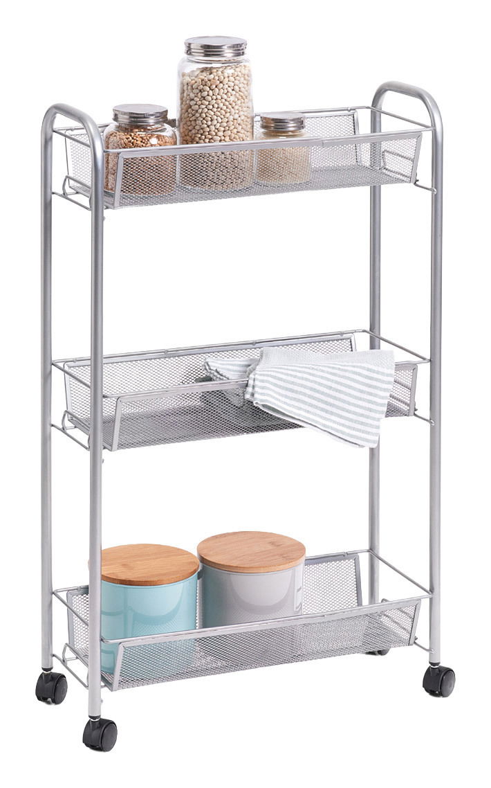 Rollwagen mit drei Regalen, gefüllt mit Vorratsgläsern und Dosen, seitliche Perspektive