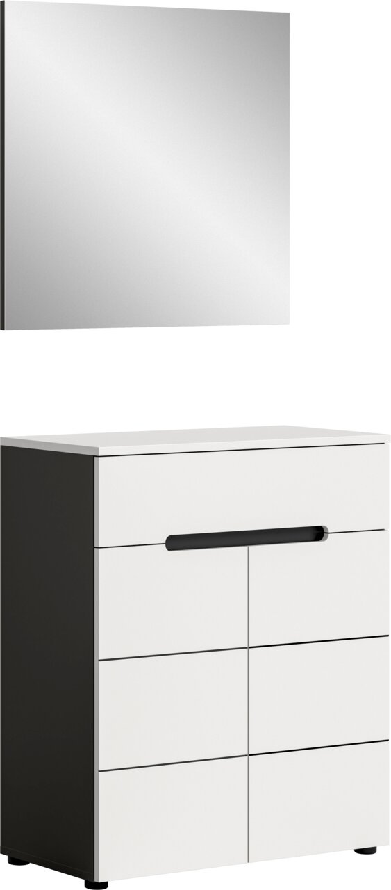 MID.YOU Garderobecombinatie CANU Modernes Badmöbel-Set mit rechteckigem Spiegel und weißem Unterschrank mit schwarzer Seitenwand und Griff, in schräger Frontansicht vor hellem Hintergrund