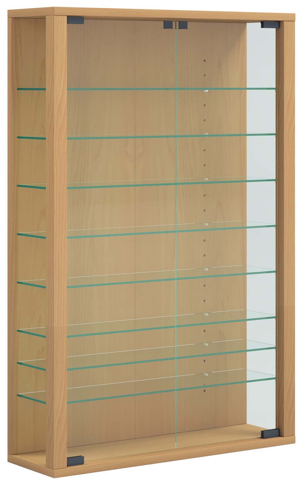 Hohe Vitrine/Regal aus hellem Holz mit mehreren Glasböden und Glasfront, Frontansicht leicht schräg von rechts