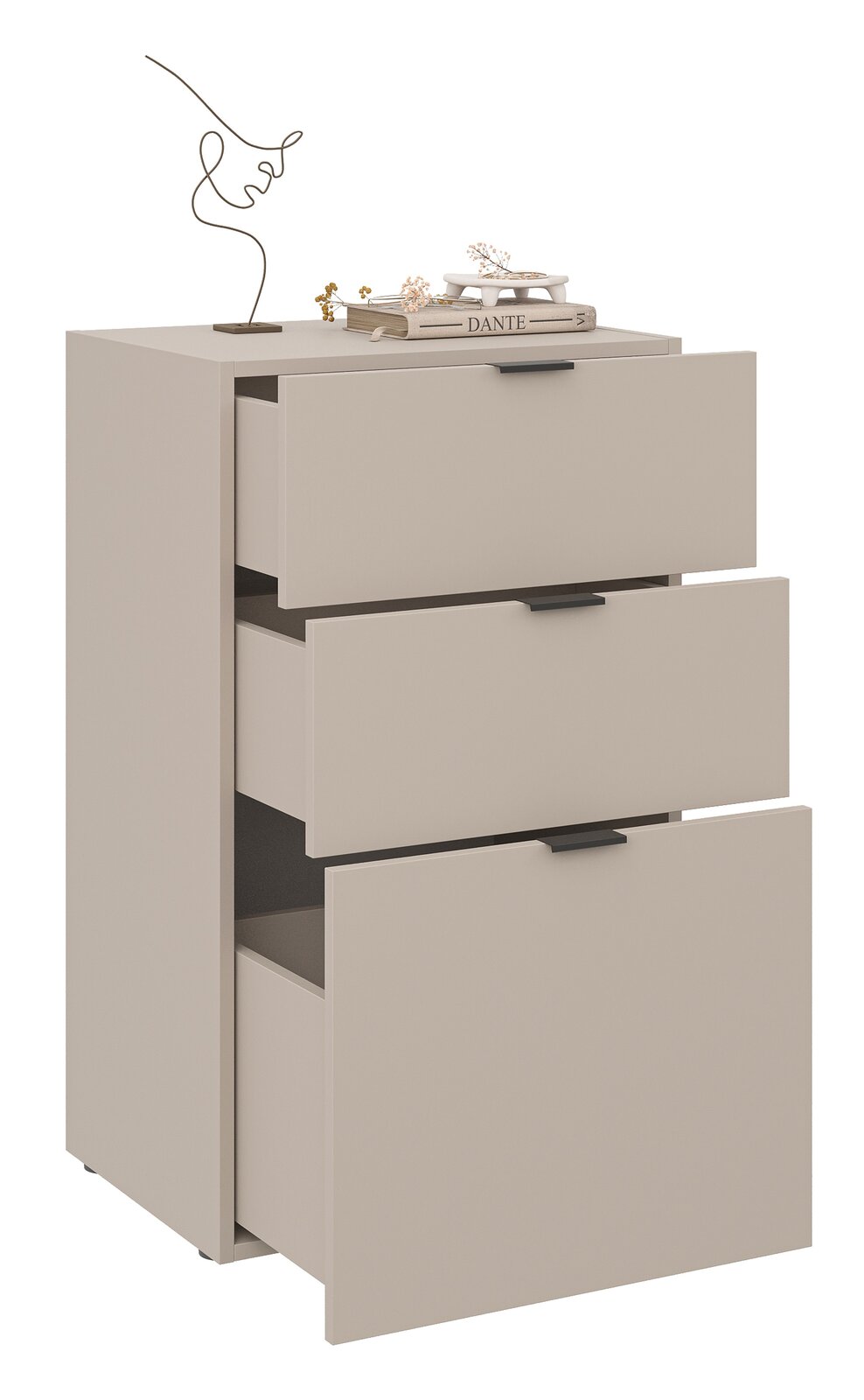 Standelement mit drei offenen Schubkästen, seitliche Perspektive