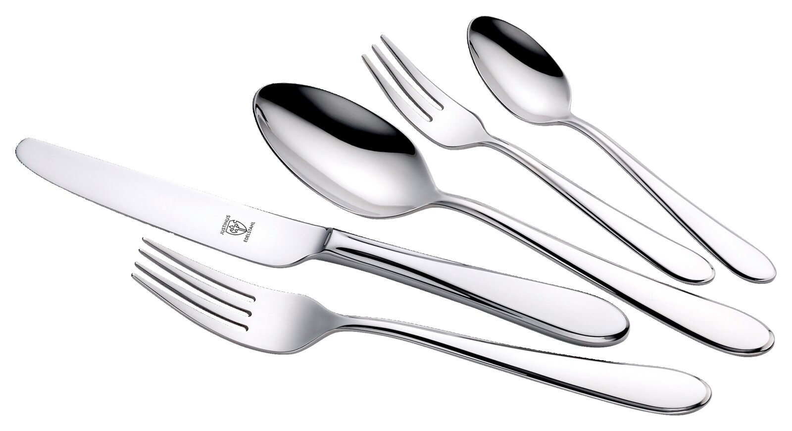 Elegantes Menübesteck-Set aus Edelstahl, bestehend aus Messer, Gabel, Löffel, Dessertgabel und Teelöffel, in schräger Perspektive angeordnet.