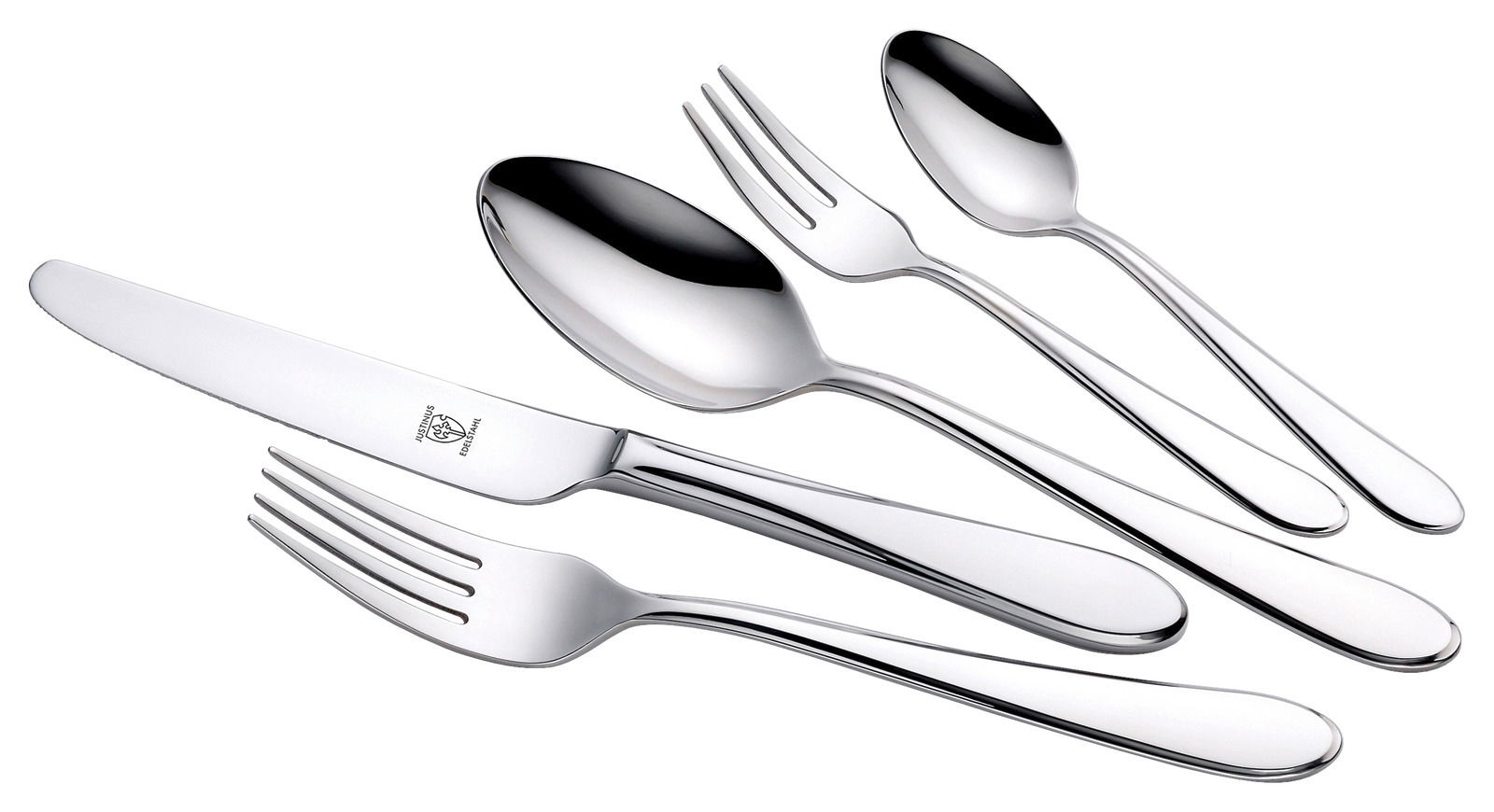 Elegantes Menübesteck-Set aus Edelstahl, bestehend aus Messer, Gabel, Löffel, Dessertgabel und Teelöffel, in schräger Perspektive angeordnet.