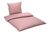 Rosa Bettwäsche-Set mit floralem Muster, bestehend aus einem Kissenbezug und einem Bettdeckenbezug, in schräger Perspektive.