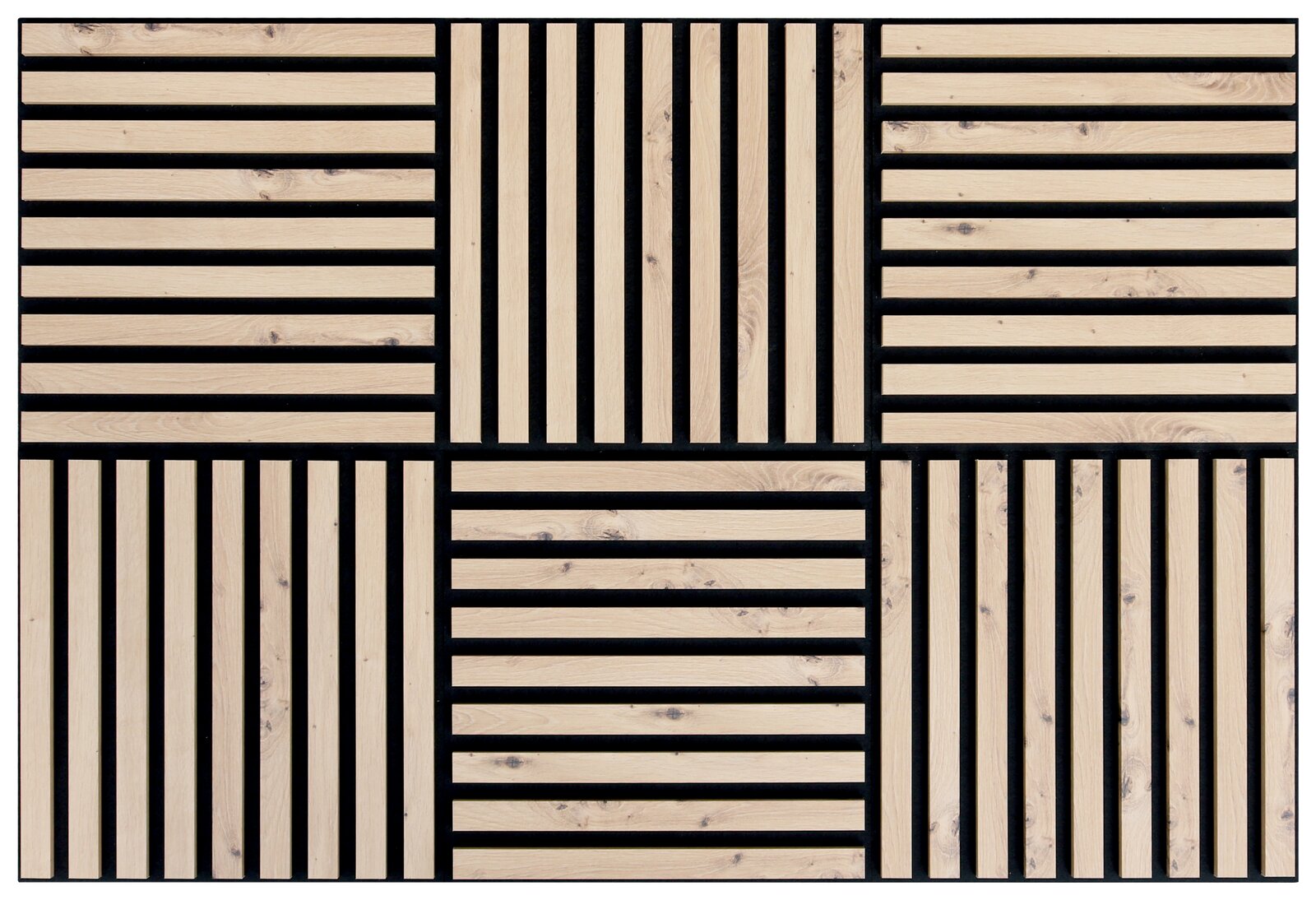 Dekoratives Paneel-Set mit geometrischem Muster aus hellen Holzstreifen und schwarzen Linien, quadratische Anordnung, Draufsicht.