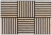 Dekoratives Paneel-Set mit geometrischem Muster aus hellen Holzstreifen und schwarzen Linien, quadratische Anordnung, Draufsicht.