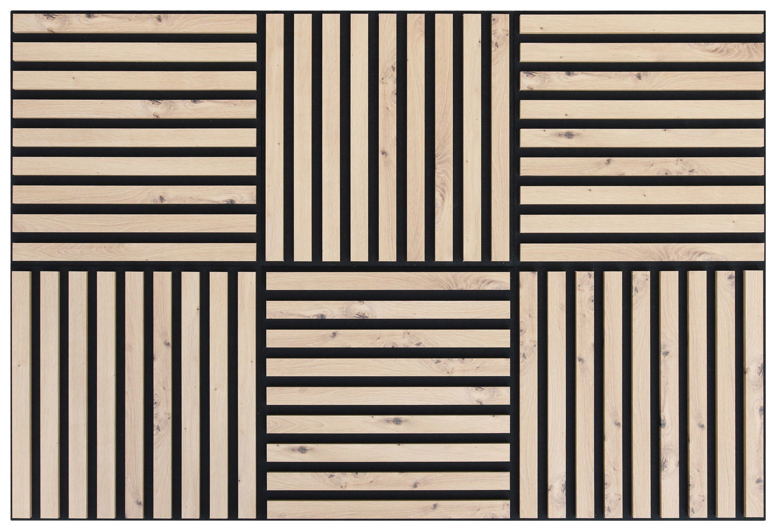 Dekoratives Paneel-Set mit geometrischem Muster aus hellen Holzstreifen und schwarzen Linien, quadratische Anordnung, Draufsicht.