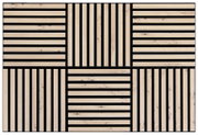 Dekoratives Paneel-Set mit geometrischem Muster aus hellen Holzstreifen und schwarzen Linien, quadratische Anordnung, Draufsicht.