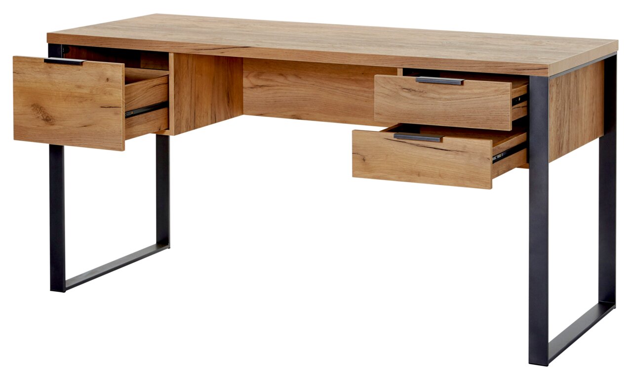 Modern houten bureau met metalen poten, drie open lades, zijaanzicht