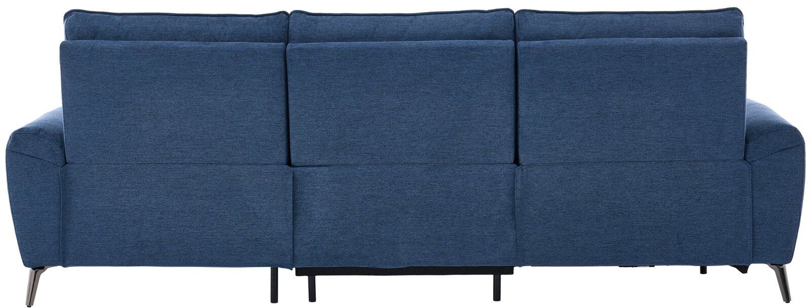 Dreisitzer-Sofa in dunkelblauem Stoffbezug mit gepolsterter Rückenlehne, breiten Armlehnen und schwarzen Metallfüßen, frontale Ansicht