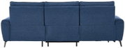 Dreisitzer-Sofa in dunkelblauem Stoffbezug mit gepolsterter Rückenlehne, breiten Armlehnen und schwarzen Metallfüßen, frontale Ansicht