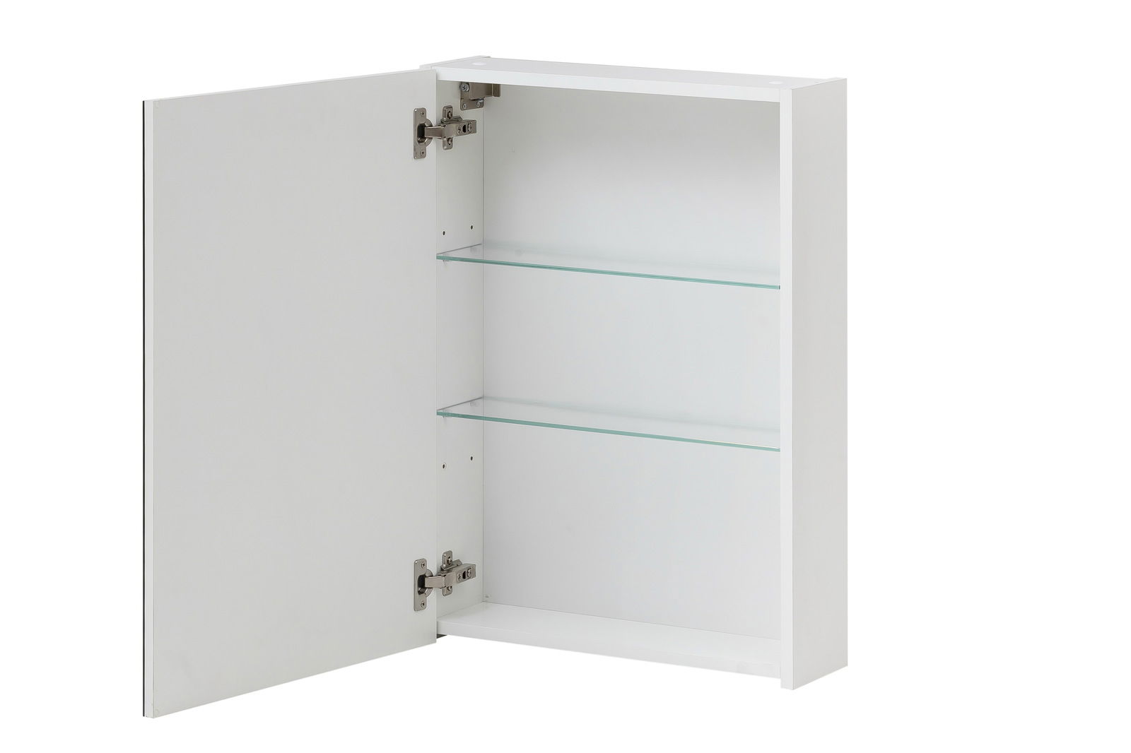 Offener weißer Spiegelschrank mit zwei Glasböden, seitliche Perspektive