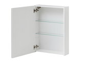 Offener weißer Spiegelschrank mit zwei Glasböden, seitliche Perspektive